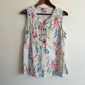 🌺 Tommy Bahama Linen Lace-Up Floral Tank | Size M | Resort Coastal Chic